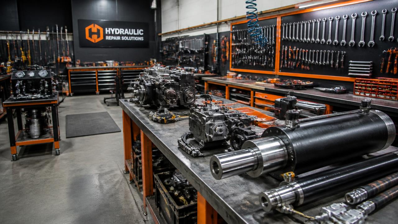 Hydraulic repair workshop with cylinders, pumps, and tools